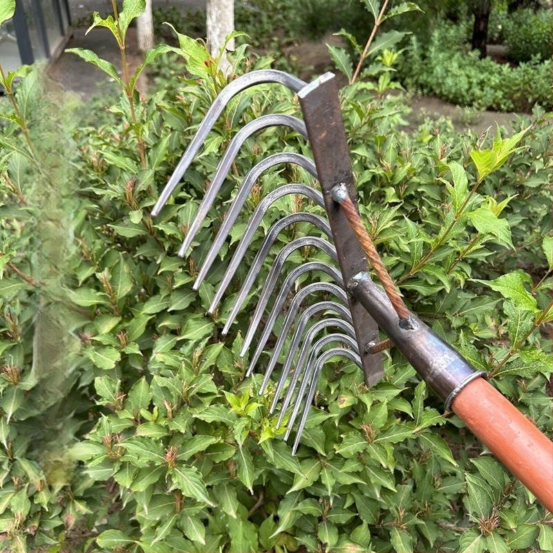 Greblă din oțel cu dinți multipli, mangan din oțel, multifuncțională, pentru afânarea solului și curățarea ierbii, dinți forjați, design plat