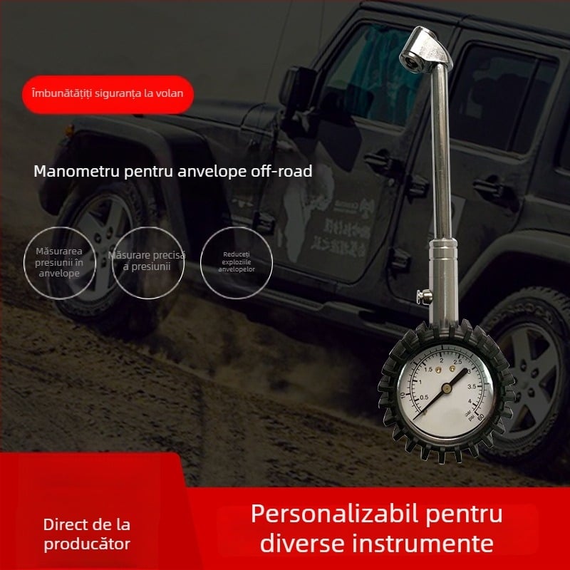 Manometru mecanic pentru presiunea pneurilor, cu țeavă lungă și funcție de eliberare a aerului