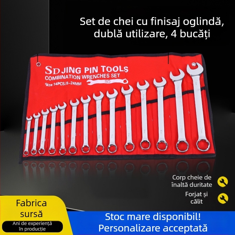 Set industrial de 14 piese, chei combinate cu finisaj oglindat și motiv floare de prun, cu capete deschise pentru reparații auto