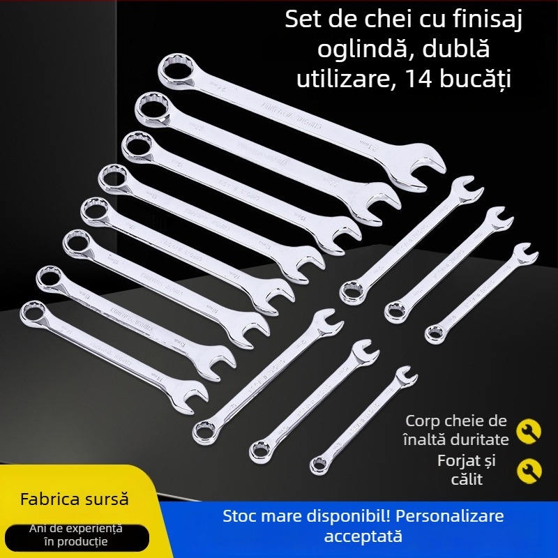 Set industrial de 14 piese, chei combinate cu finisaj oglindat și motiv floare de prun, cu capete deschise pentru reparații auto