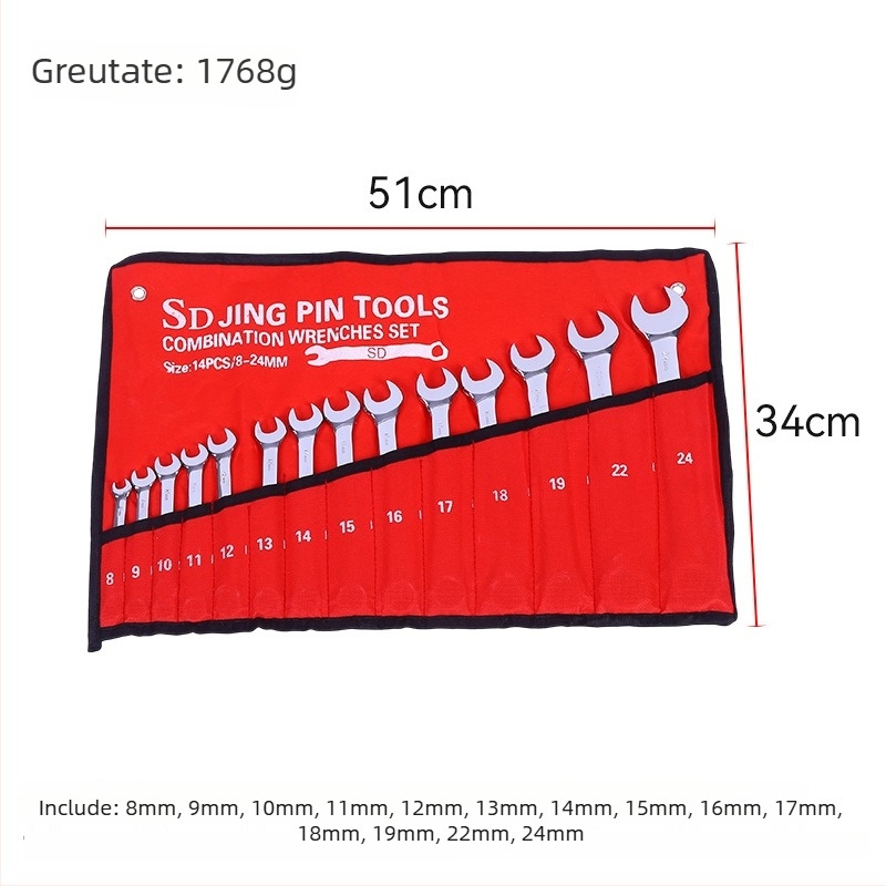 Set industrial de 14 piese, chei combinate cu finisaj oglindat și motiv floare de prun, cu capete deschise pentru reparații auto