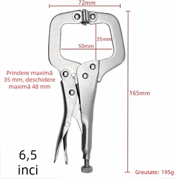 Clește cu mâner ușor, cap mobil, fălci plate, tip C, 6,5 inchi, clips metalice pentru prindere
