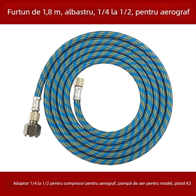 Furtun armat pentru conectarea pistolului de vopsit la compresorul de aer, lungime 1,8 m, racorduri 1/8in și 1/4in