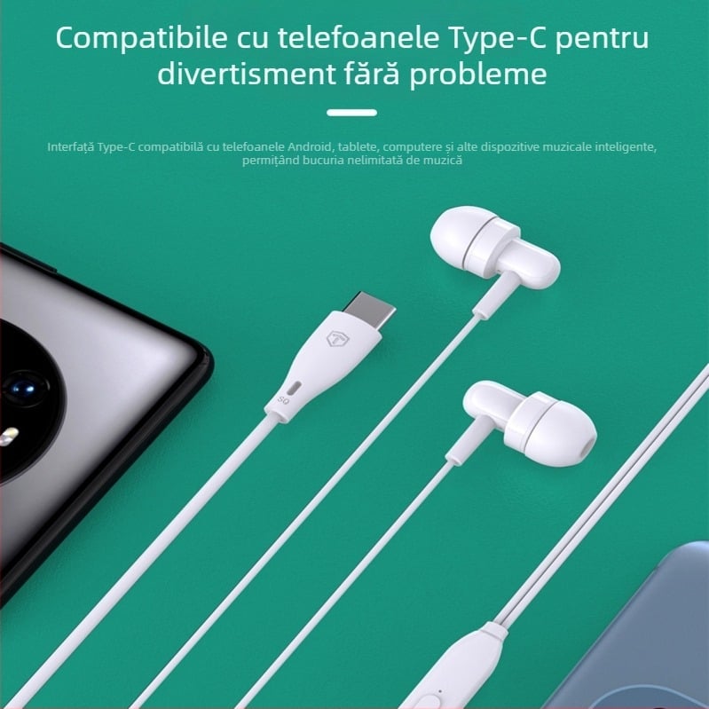 Căști in-ear Type-C, cablu, pentru telefoane Huawei, Honor și Xiaomi – muzică și apeluri