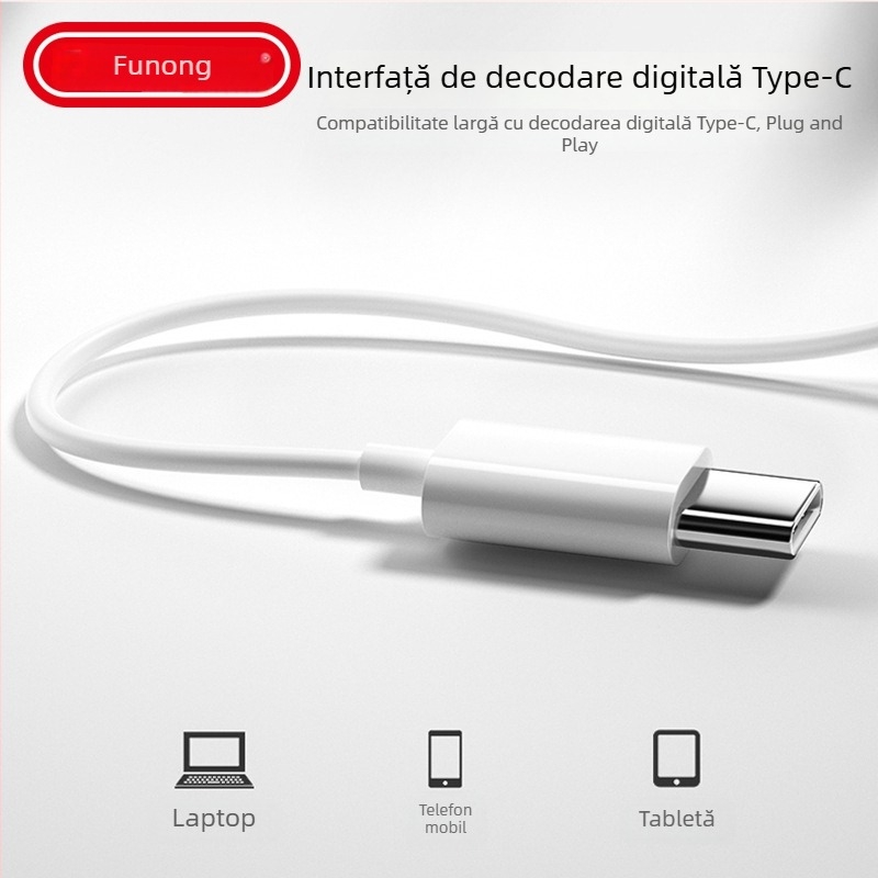 Căști Type-C cu cip digital și control în linie, bas intens, cablu de 120 cm, compatibile cu telefoane Vivo, Huawei, Honor și Xiaomi