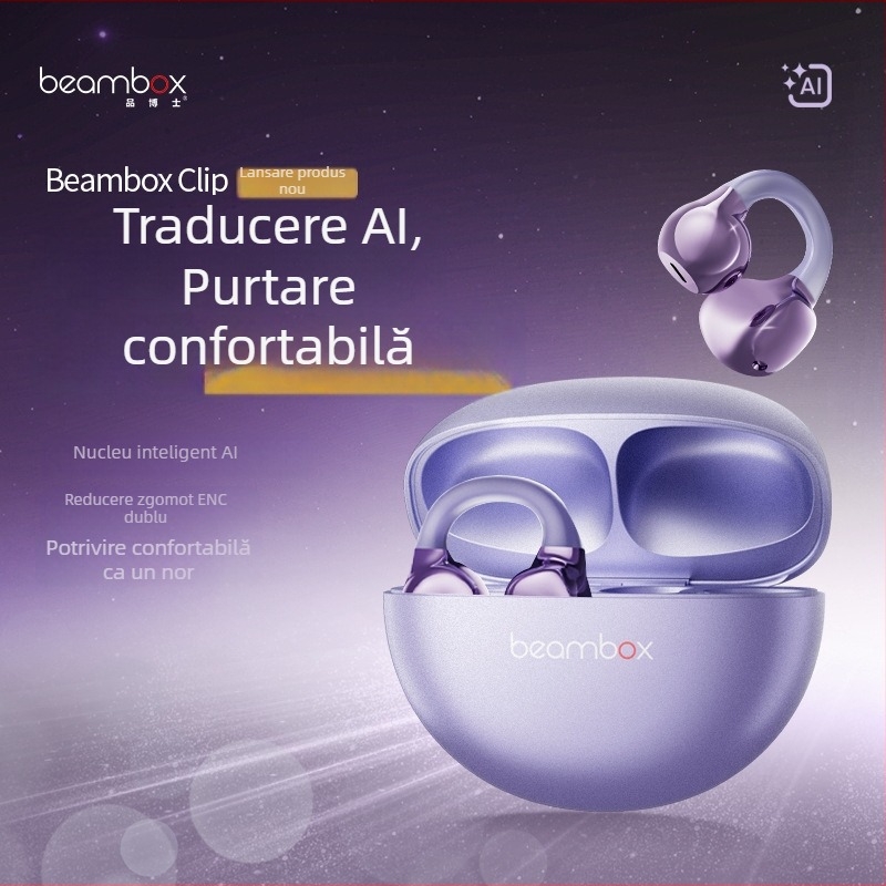 Beambox căști Bluetooth cu clips pentru urechi, AI, anulare activă a zgomotului și durată lungă de funcționare a bateriei