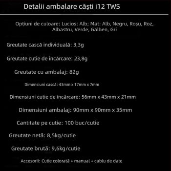 I12 căști Bluetooth true wireless, TWS, control tactil, culori Macaron, Bluetooth 5.0