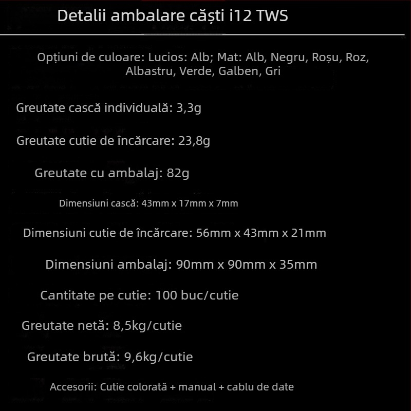 I12 căști Bluetooth true wireless, TWS, control tactil, culori Macaron, Bluetooth 5.0