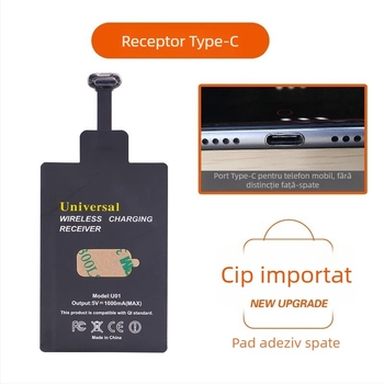 Receptor de încărcare wireless pentru Apple și Android, cu bobină de inducție Type-C și vârf metalic