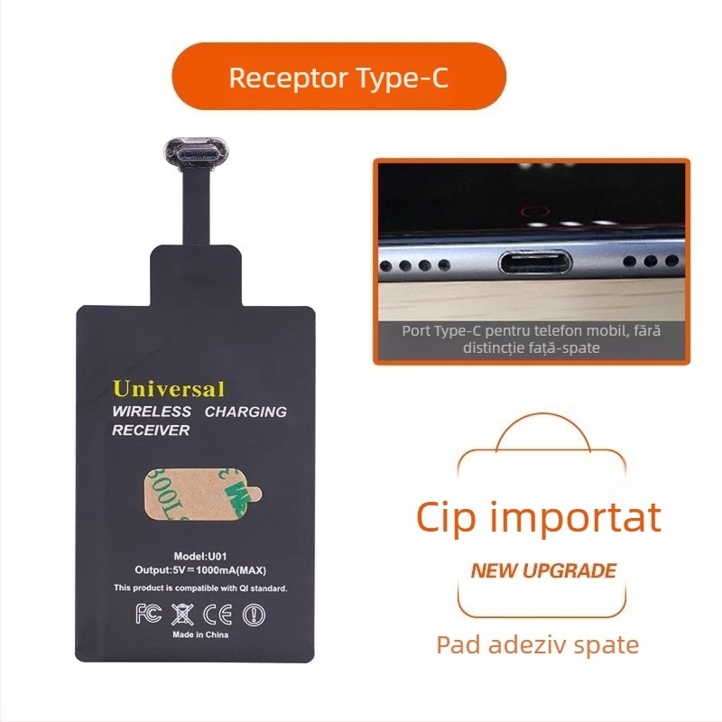 Receptor de încărcare wireless pentru Apple și Android, cu bobină de inducție Type-C și vârf metalic