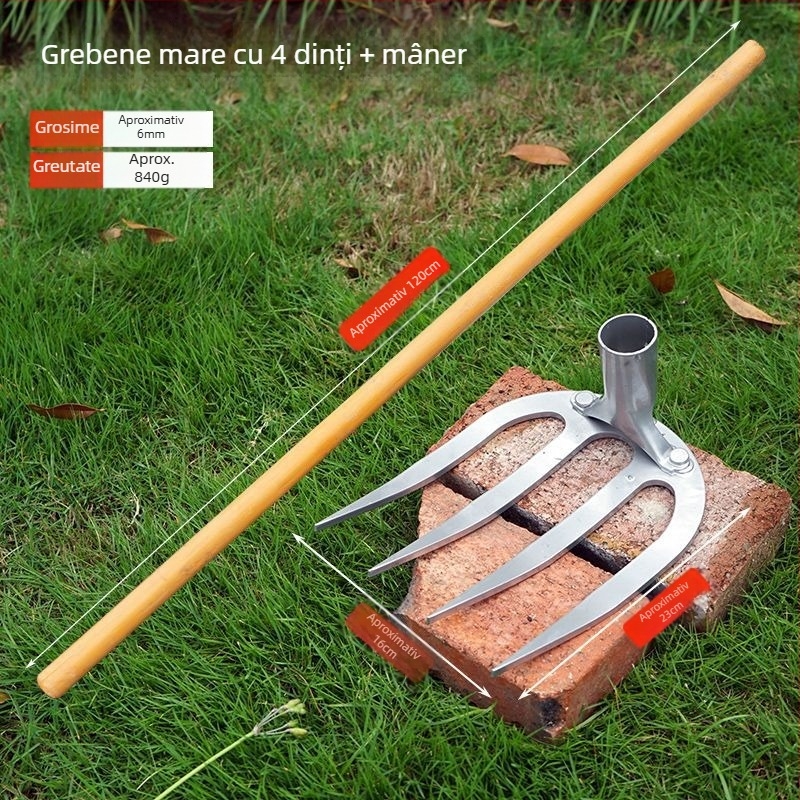 Greblă agricolă cu patru dinți, pentru afânarea solului și combaterea buruienilor, greblă din oțel forjat