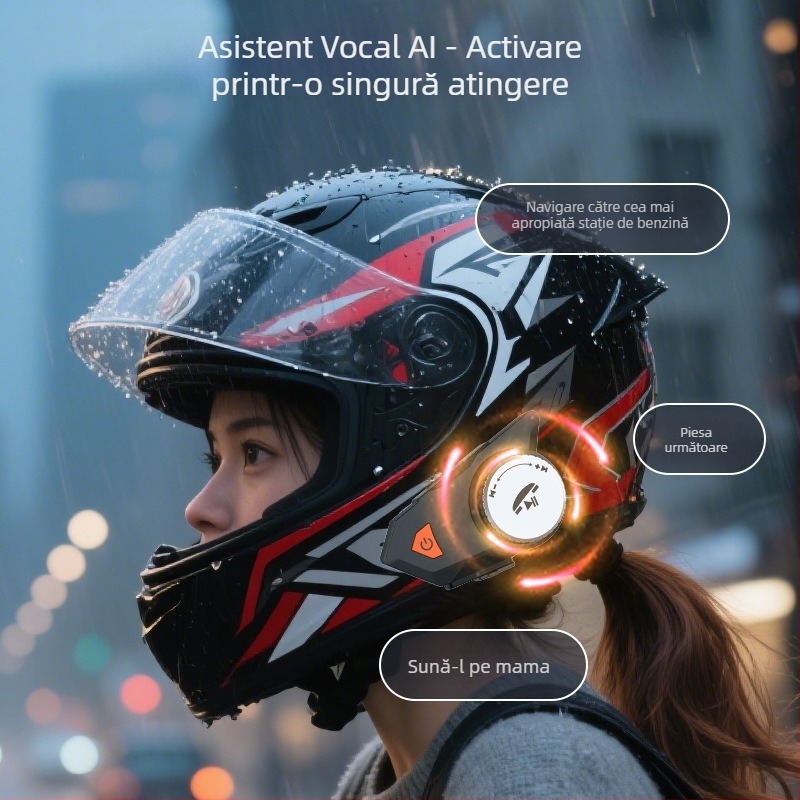 Bluetooth headset pentru cască de motocicletă cu bas profund, rezistent la apă și praf, reducere a zgomotului, apeluri hands-free, control vocal, redare muzică, autonomie mare a bateriei
