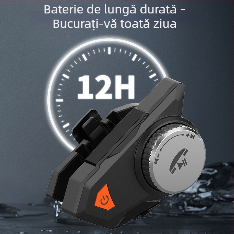 Bluetooth headset pentru cască de motocicletă cu bas profund, rezistent la apă și praf, reducere a zgomotului, apeluri hands-free, control vocal, redare muzică, autonomie mare a bateriei