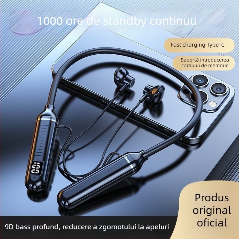 Căști Bluetooth fără fir cu bandă la gât, design semi-in-ear pentru sport, baterie cu durată lungă, sunet 3D și bas puternic