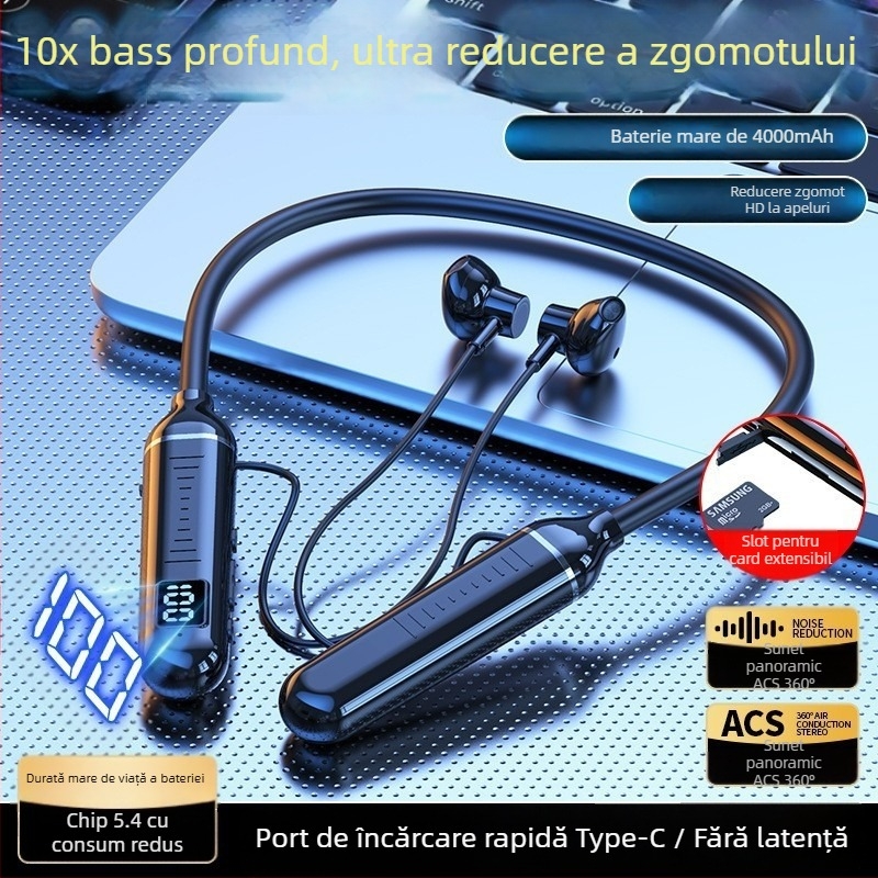 Căști Bluetooth fără fir cu bandă la gât, design semi-in-ear pentru sport, baterie cu durată lungă, sunet 3D și bas puternic