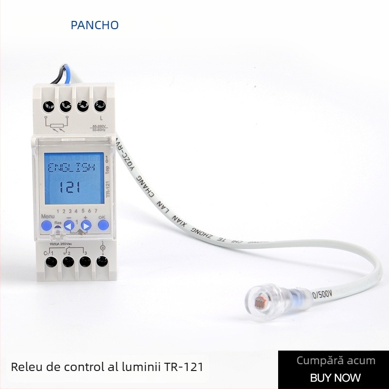 TR-121 întrerupător temporizator montat pe șină DIN, iluminat, cu suport pentru șase limbi, model european, intervalul de tensiune 85-250V