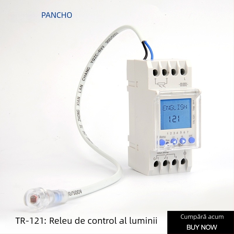 TR-121 întrerupător temporizator montat pe șină DIN, iluminat, cu suport pentru șase limbi, model european, intervalul de tensiune 85-250V