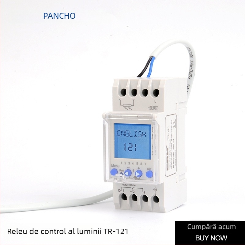 TR-121 întrerupător temporizator montat pe șină DIN, iluminat, cu suport pentru șase limbi, model european, intervalul de tensiune 85-250V