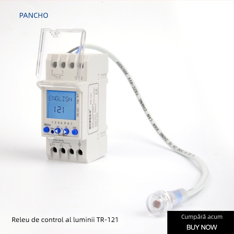 TR-121 întrerupător temporizator montat pe șină DIN, iluminat, cu suport pentru șase limbi, model european, intervalul de tensiune 85-250V