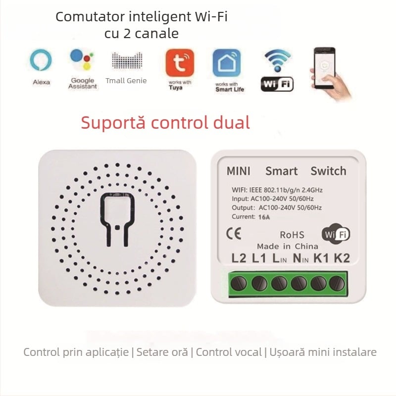 Comutator WiFi bidirecțional cu design graffiti, control vocal prin aplicație, telecomandă mini pentru pornire/opire cu control vocal