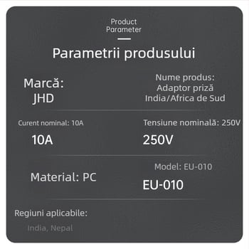 EU-010 Convertor de priză european, adaptor cu 3 pini, conform reglementărilor Indiei