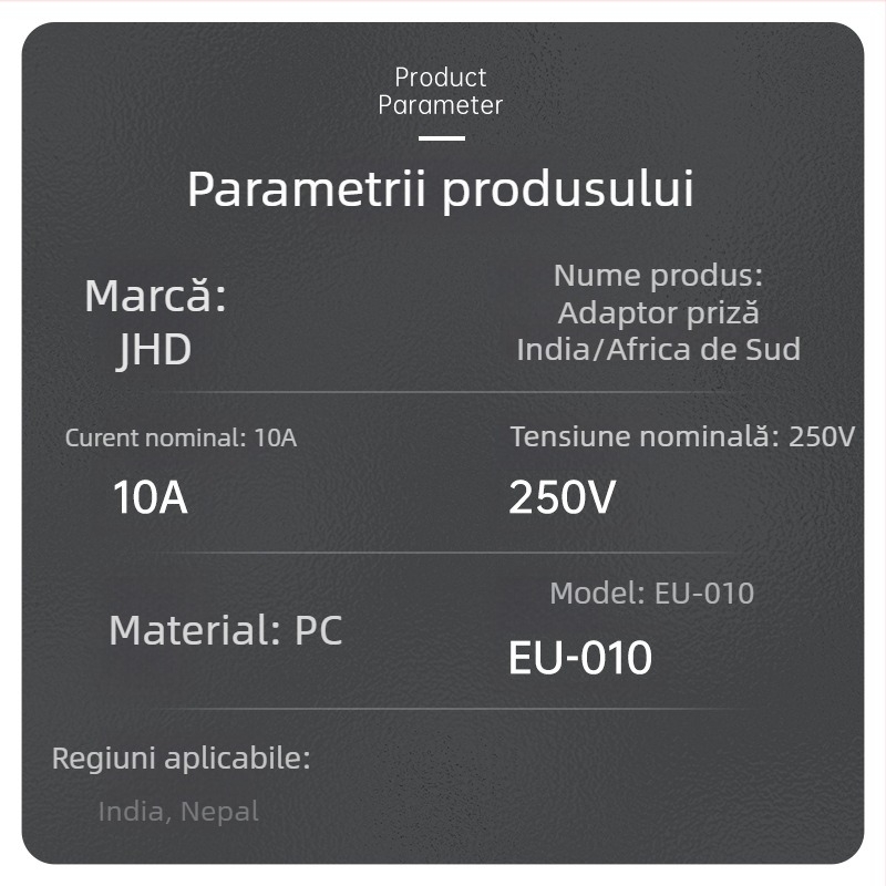 EU-010 Convertor de priză european, adaptor cu 3 pini, conform reglementărilor Indiei