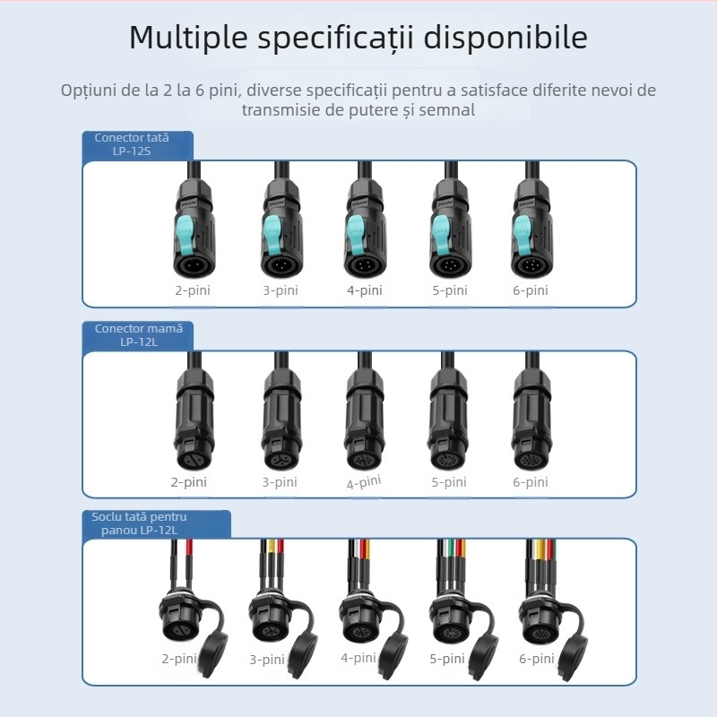 Conector LP12, 2-6 conductori, mufa drept cu soclu flanșat pentru motoare și industrie aerospațială, iluminare LED, cablu de alimentare IP68 impermeabil