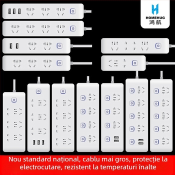 Prelungitor inteligent cu încărcare USB, întrerupător independent, cablu, priză de înaltă putere, protecție la prize