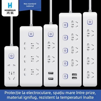 Prelungitor inteligent cu încărcare USB, întrerupător independent, cablu, priză de înaltă putere, protecție la prize
