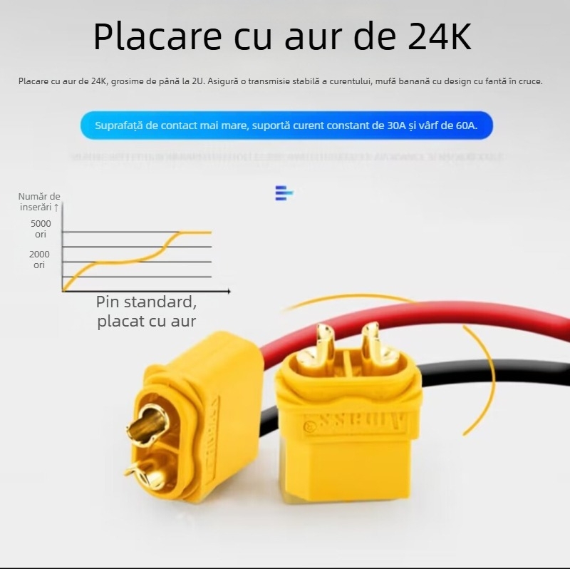 Conector XT60 pentru baterie litiu, capete masculine/feminine XT60/H/F placate cu cupru și aur, banana plug și T plug pentru modele RC