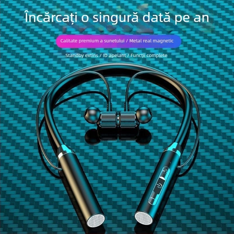 Căști Bluetooth 5.3 tip guler, stereo fără fir, funcție apeluri, latență redusă, rezistente la apă, reducere zgomot, durată mare a bateriei, stil sport