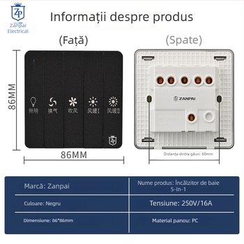 Comutator Zanpai pentru încălzire baie, 5 canale, negru, panou impermeabil 4-in-1, tip 86