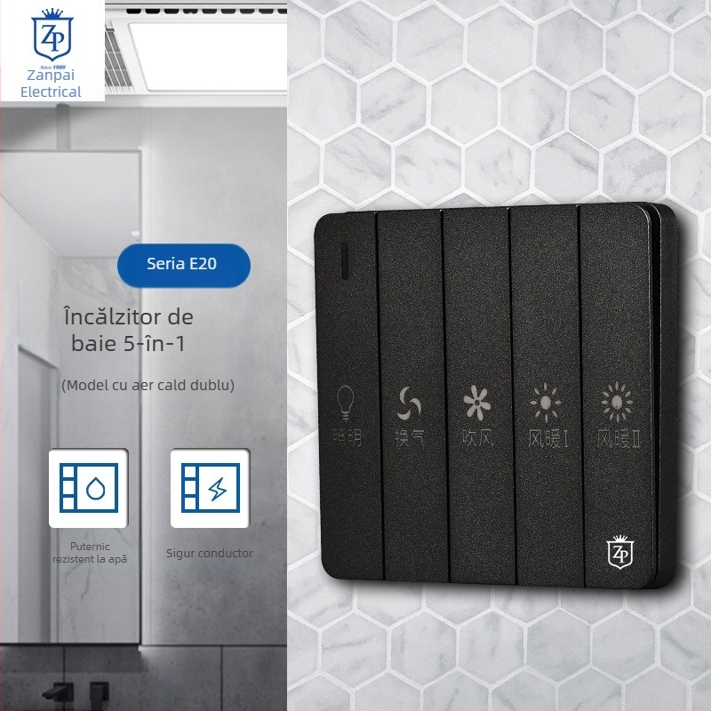 Comutator Zanpai pentru încălzire baie, 5 canale, negru, panou impermeabil 4-in-1, tip 86