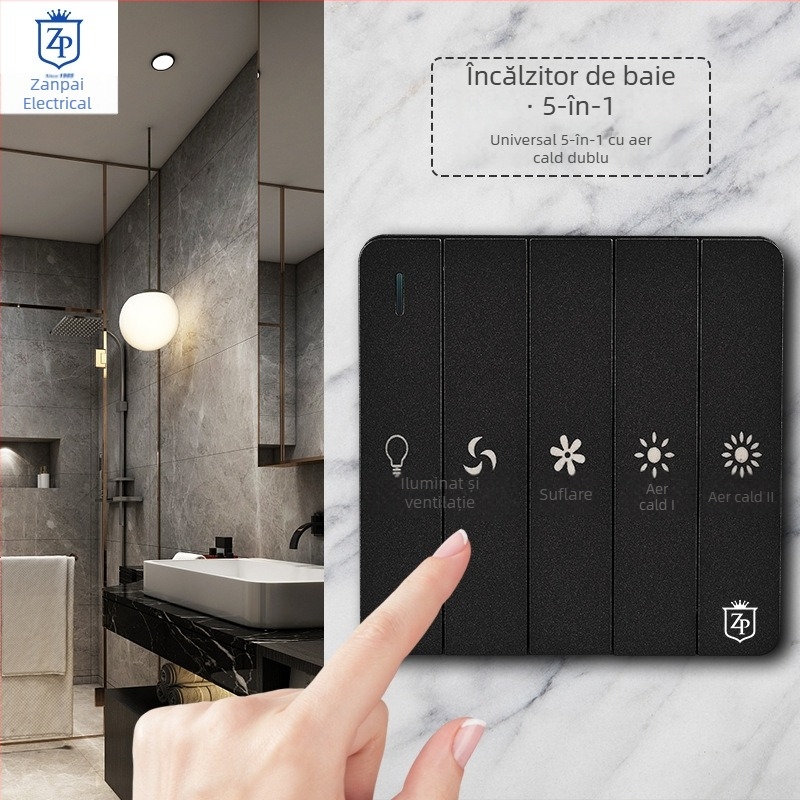 Comutator Zanpai pentru încălzire baie, 5 canale, negru, panou impermeabil 4-in-1, tip 86