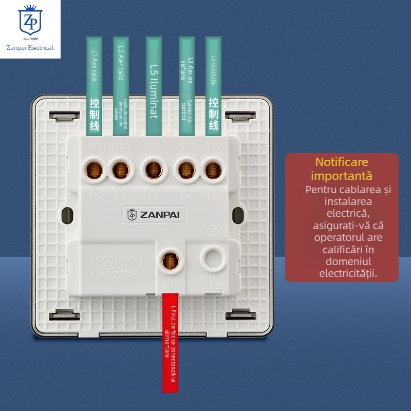 Comutator Zanpai pentru încălzire baie, 5 canale, negru, panou impermeabil 4-in-1, tip 86