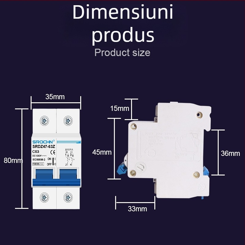 Intrerupător DC miniatural pentru distribuția fotovoltaică a energiei, 1000V/500V DC, seria SRDZ47-63Z