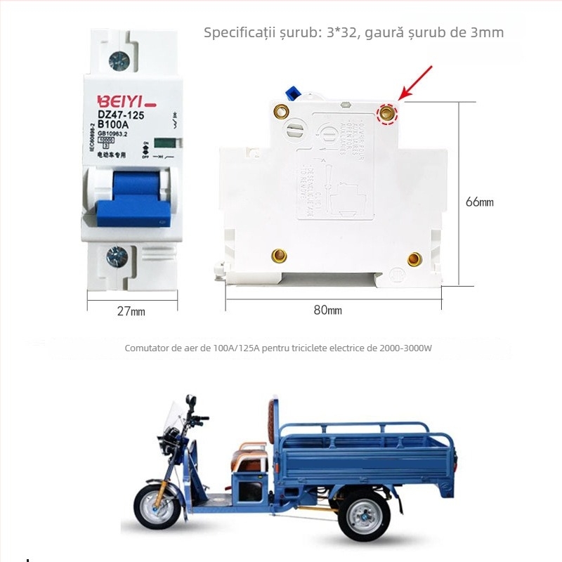 Intrerupător pentru vehicule electrice, 12V-48V, air circuit breaker, 1P63A/100A, seria DZ47-63