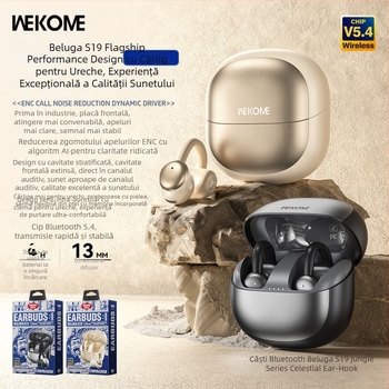 Căști Bluetooth cu clips pentru urechi Wekome, Bluetooth 5.4, adevărat wireless, pentru sport, autonomie mare a bateriei, design cu cârlig pentru ureche