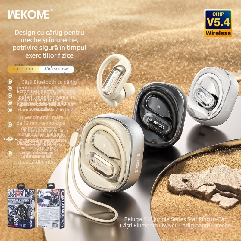 Căști Bluetooth cu clips pentru urechi Wekome, Bluetooth 5.4, adevărat wireless, pentru sport, autonomie mare a bateriei, design cu cârlig pentru ureche