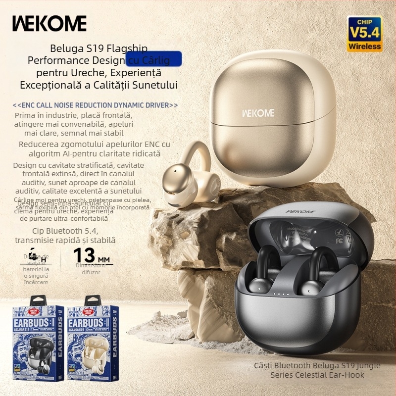 Căști Bluetooth cu clips pentru urechi Wekome, Bluetooth 5.4, adevărat wireless, pentru sport, autonomie mare a bateriei, design cu cârlig pentru ureche