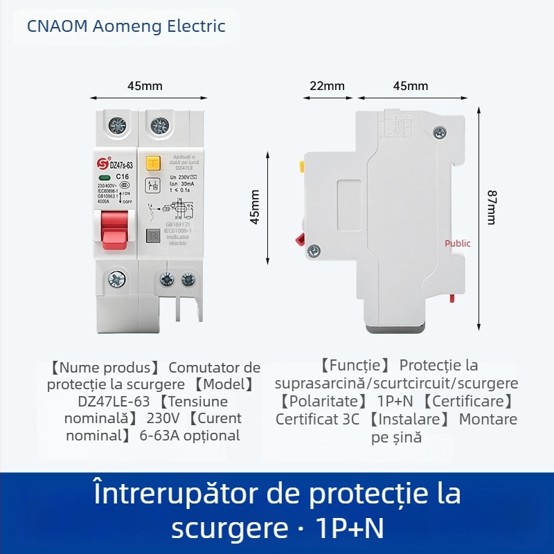 DZ47LE-63 Protector pentru scurgeri de curent, întrerupător de circuit, întrerupător aerian pentru uz casnic, protecție la scurtcircuit și suprasarcină