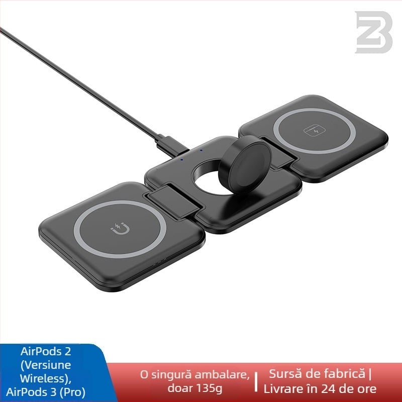 Încărcător wireless magnetic pliabil MagSafe, trei în unu pentru iPhone, încărcare rapidă de 15W.