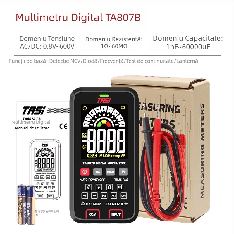 Tas Multimetru Digital 807A pentru uz casnic – măsurare tensiune AC/DC, rezistență, continuitate, detecție NCV