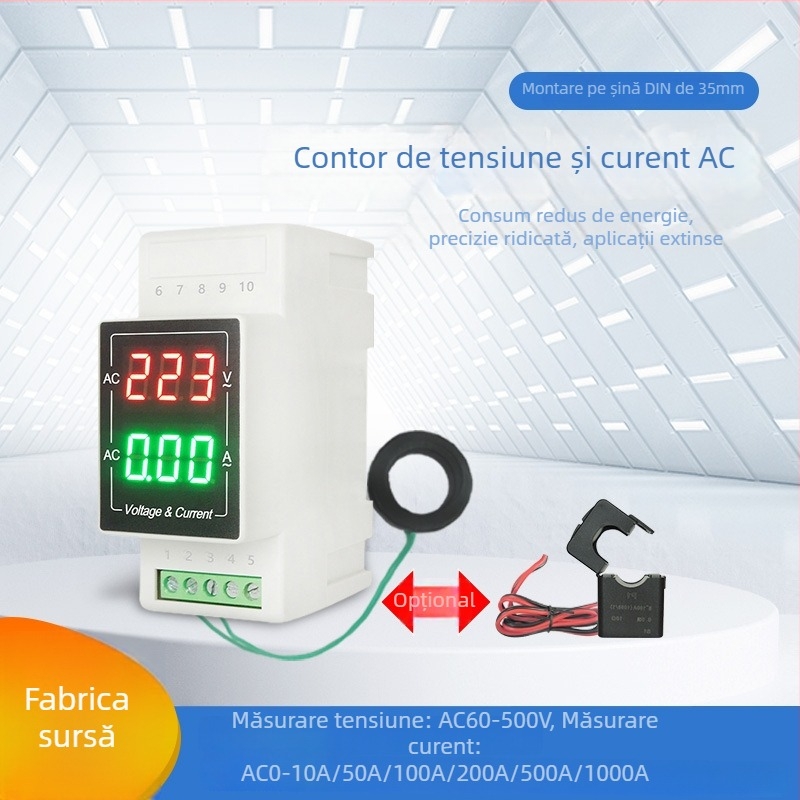 Indicator LED digital de tensiune și curent pentru șină DIN, interval 60–500 V, detectare curent AC 220 V