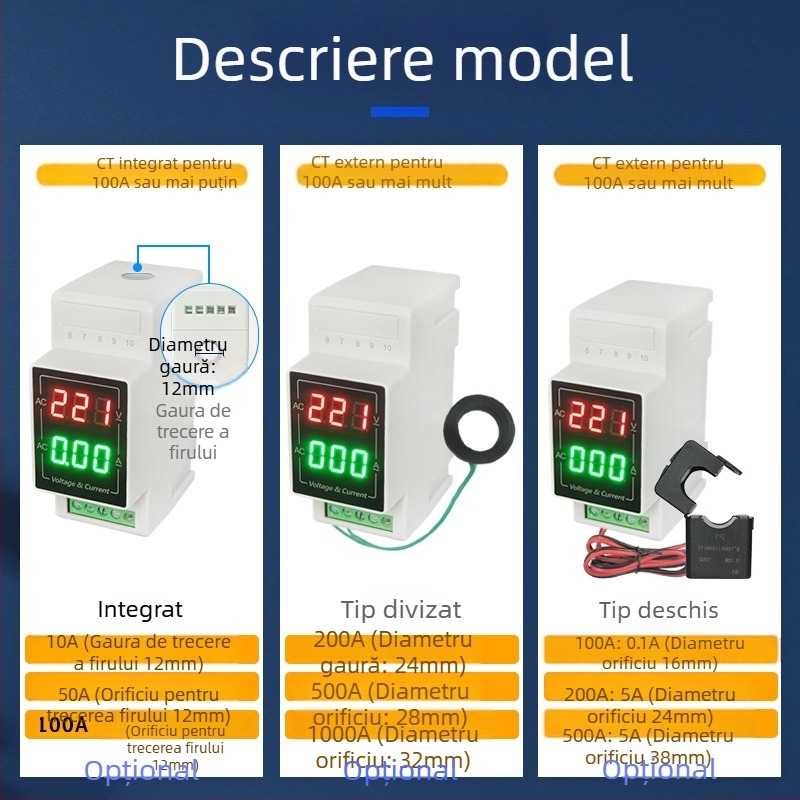 Indicator LED digital de tensiune și curent pentru șină DIN, interval 60–500 V, detectare curent AC 220 V