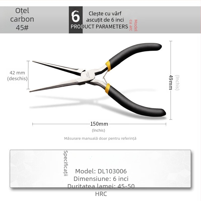 Deli Clește cu nas ascuțit, din oțel de înalt carbon, mini, 70 mm