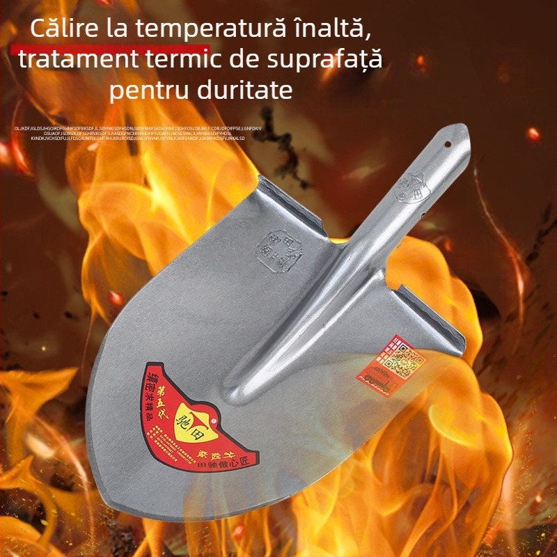 Lopată de grădină din oțel mat, cu cap pătrat și lamă zimțată îngroșată, pentru săpat și umplerea solului