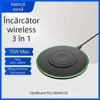 Încărcător wireless 15W 3-in-1 pentru telefoane mobile, din aliaj de aluminiu, design circular ultra-subțire, cu încărcare magnetică
