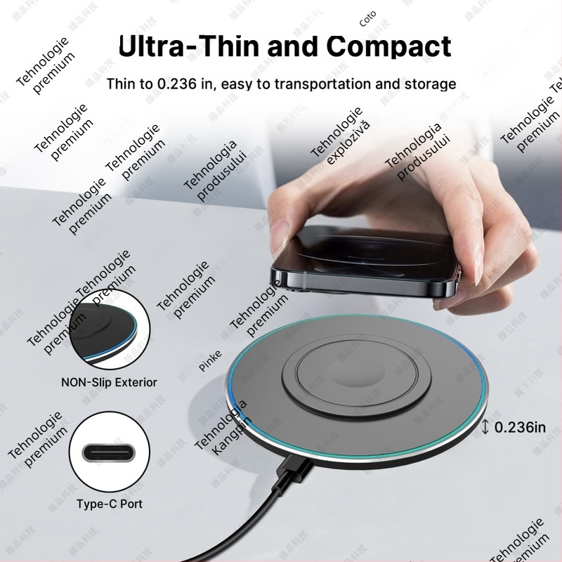 Încărcător wireless 15W 3-in-1 pentru telefoane mobile, din aliaj de aluminiu, design circular ultra-subțire, cu încărcare magnetică