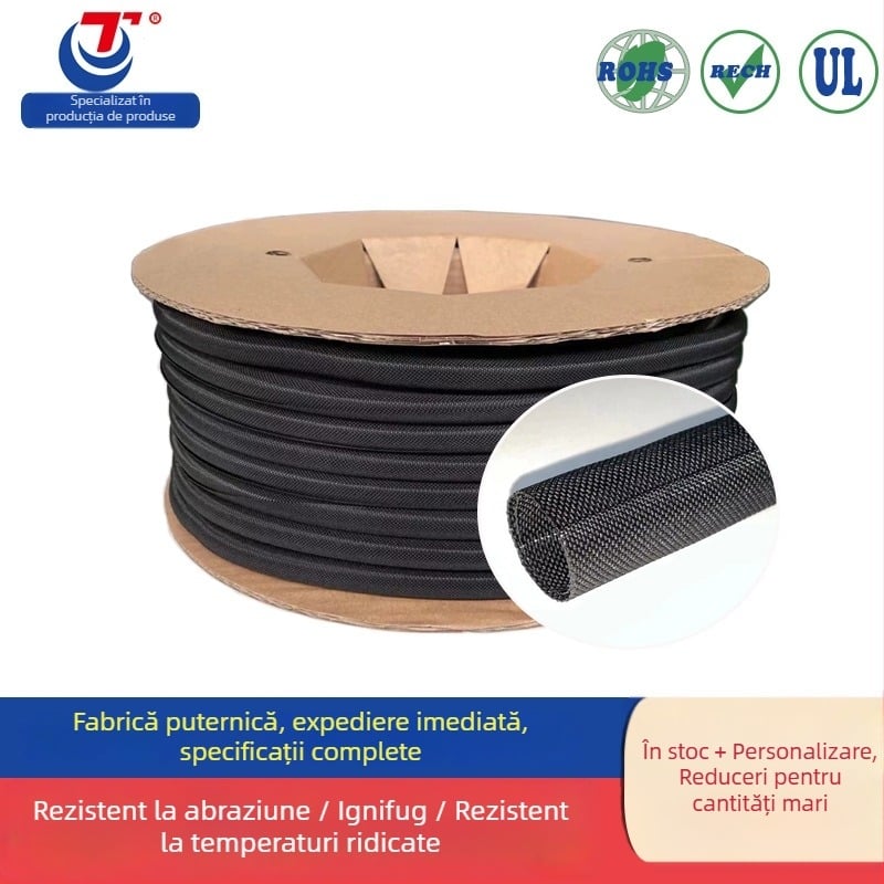Protecție cabluri industriale, manșon izolant auto-derulant negru, poliester ignifug (PET), monofilament și multifilament